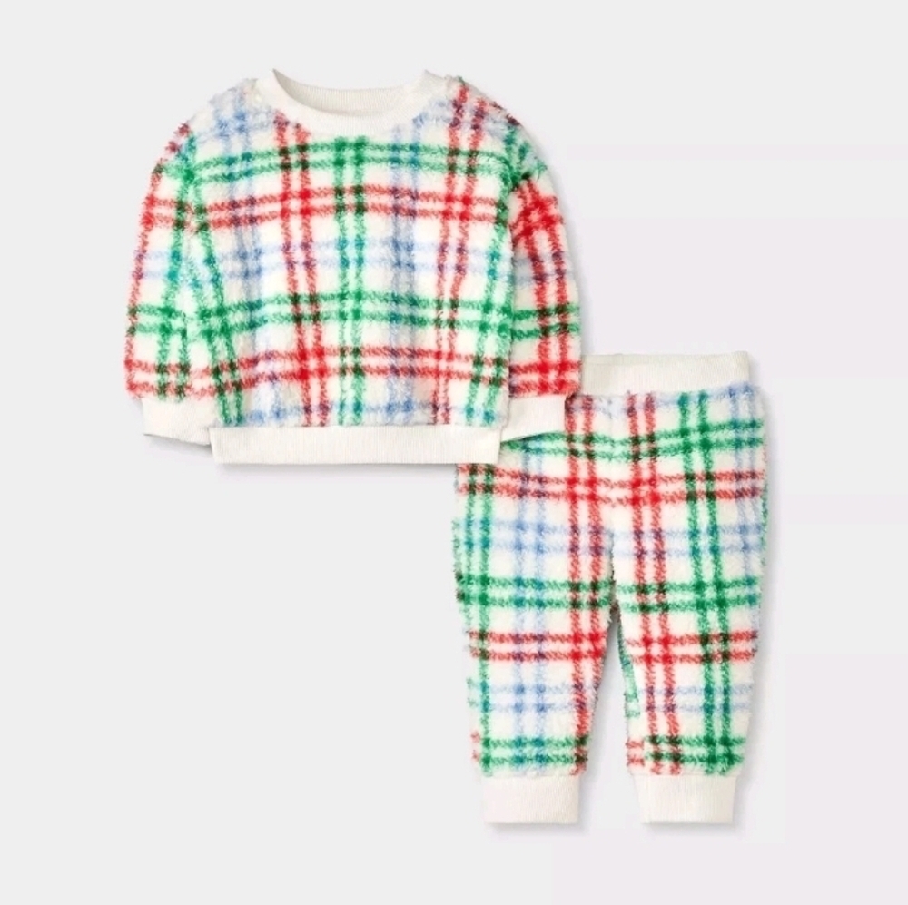 Cat & Jack Baby Shearling Top & Bottom Set  Cream Midweight Faux plush, Plaid Pa